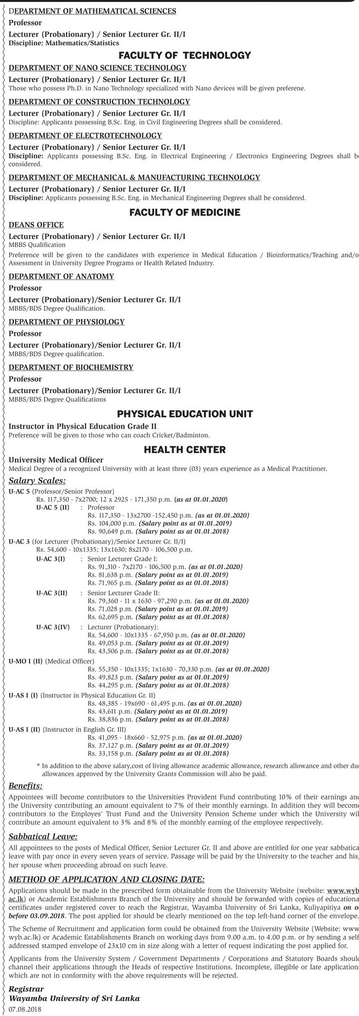 Professor, Lecturer, Senior Lecturer, Instructor, University Medical Officer - Wayamba University of Sri Lanka